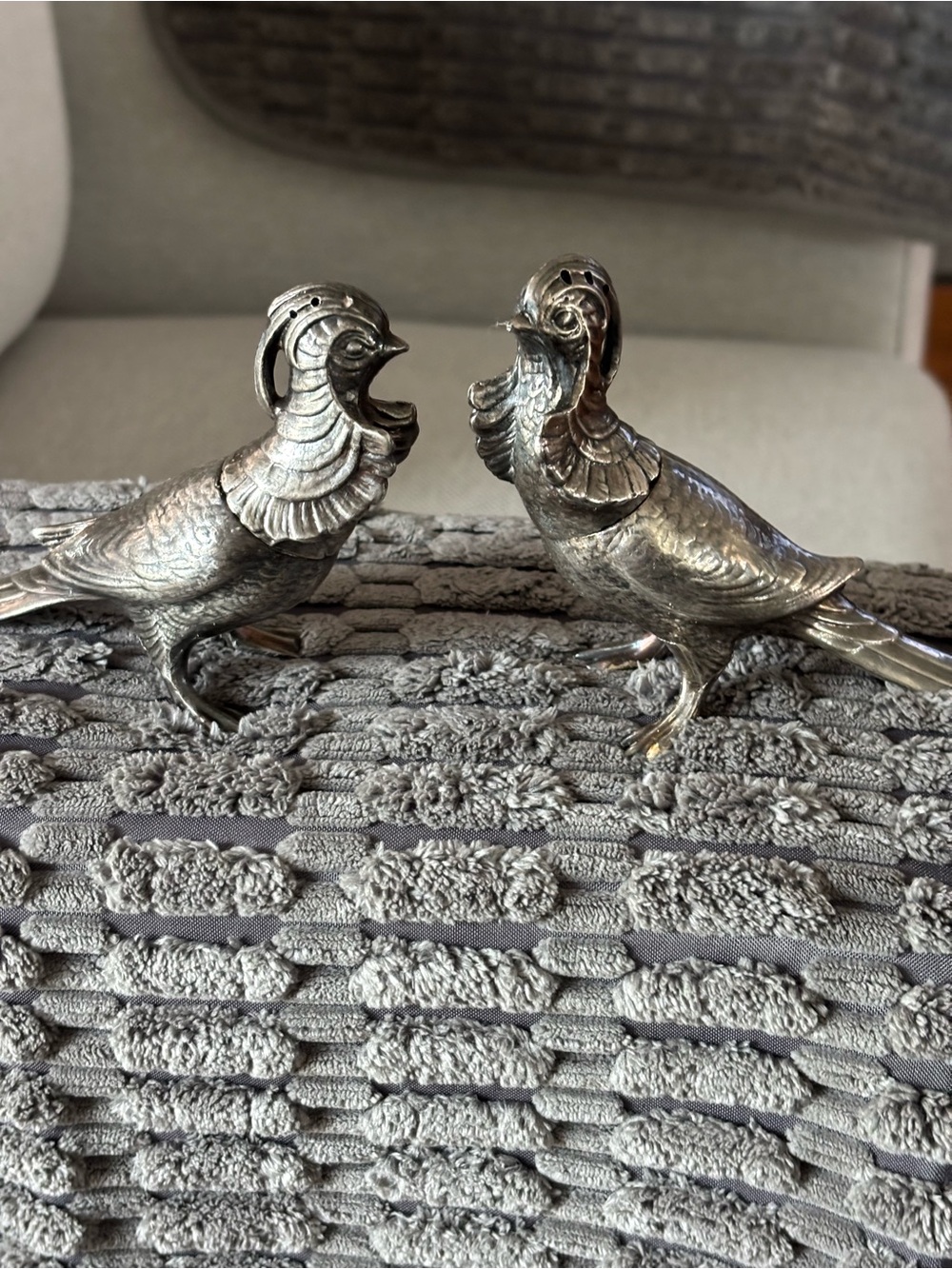 Pair of Decorative Silver-Tone Quail Figurines